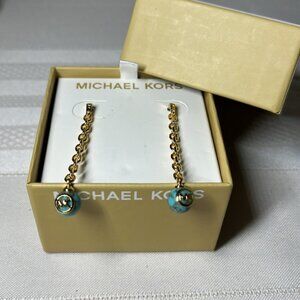 NEW Michael Kors Turquoise earrings Gold tone Hanging MK on turquoise Box in